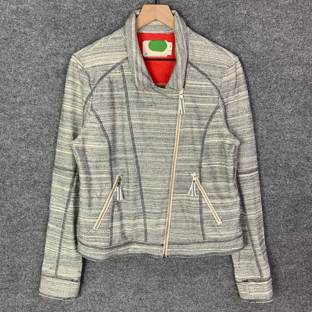 Anthropologie Cropped Knit Moto Jacket Gray Asymmetrical Zip Front‎ Pocket Large